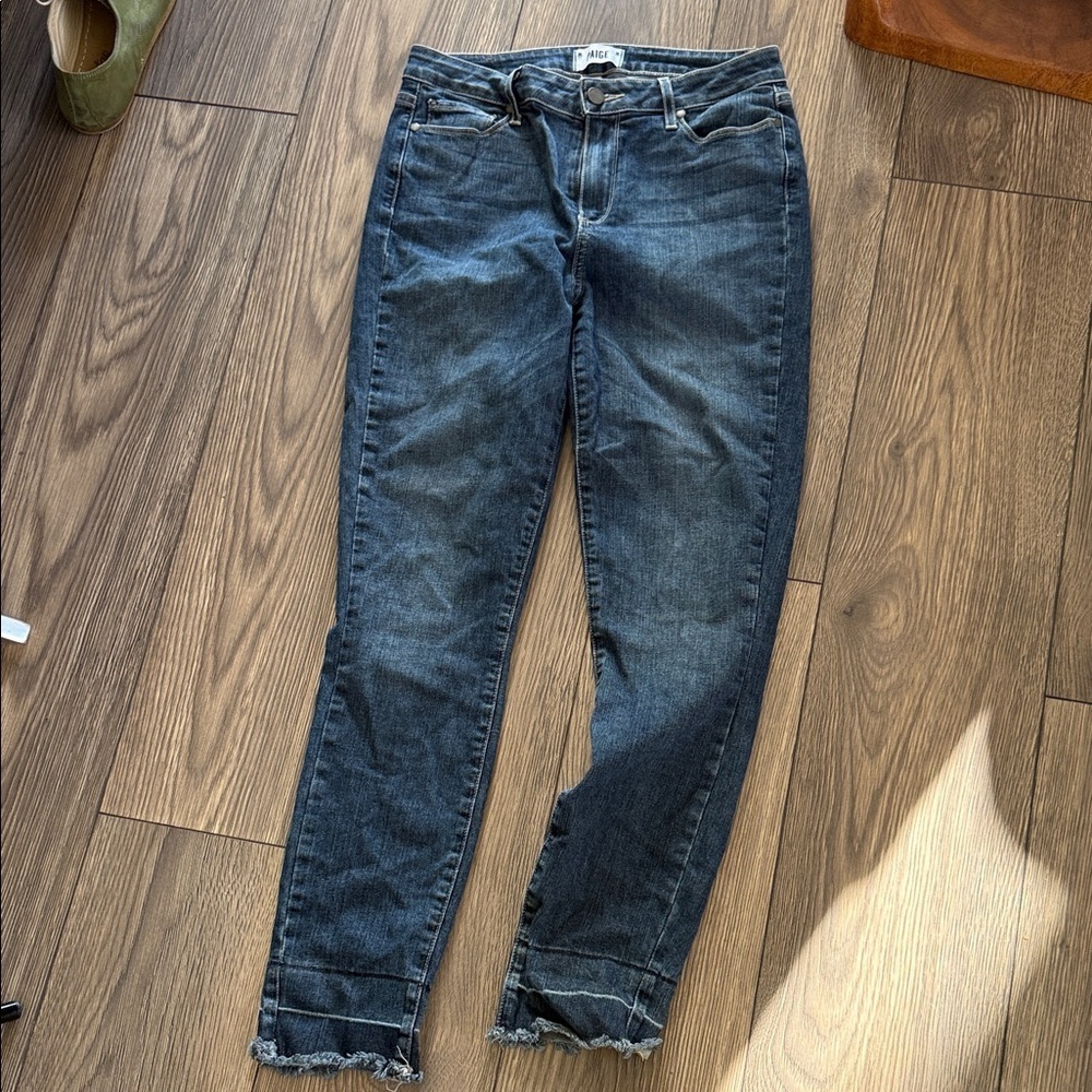 Paige 
Dark Wash Straight Hoxton ankle  Jeans with Frayed Hem